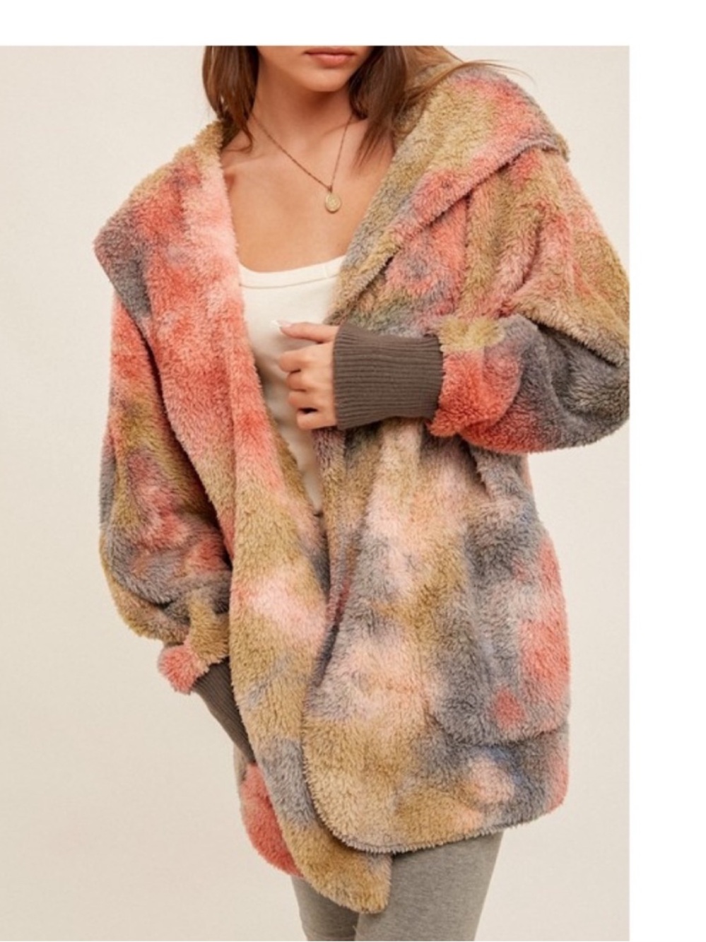 Hem & Thread Multicolor Plush Teddy Hooded Jacket - Pink, Gray, Olive, Cream